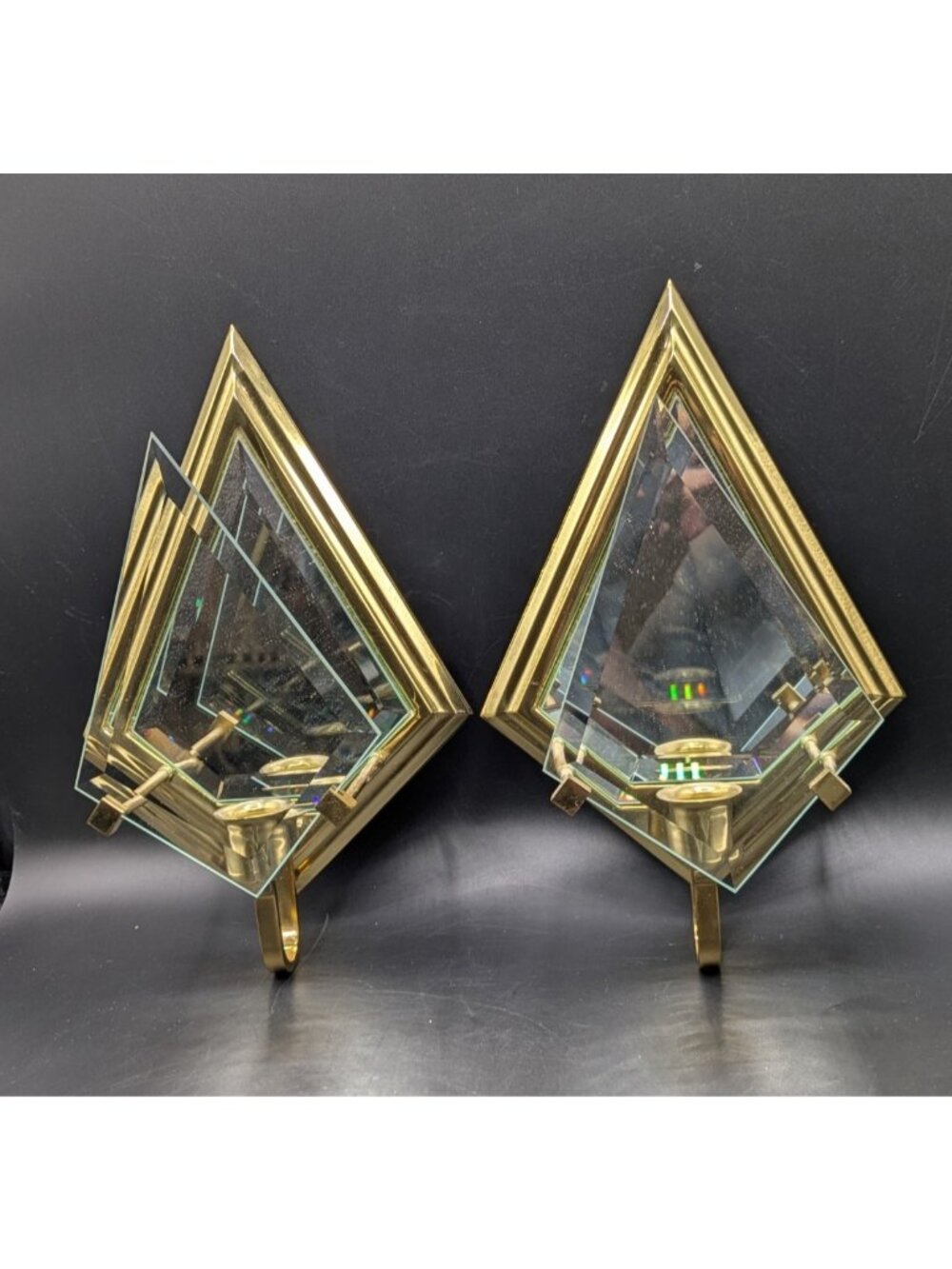 2 Vtg PartyLite Brass Glass Mirror Wall Sconce Candle Holders Hollywood Regency